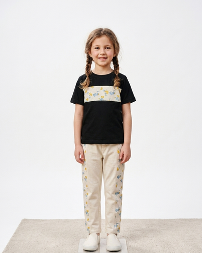 Girls' Sweet Blossom Two-Piece Set – Black & Cream Casual Outfit
