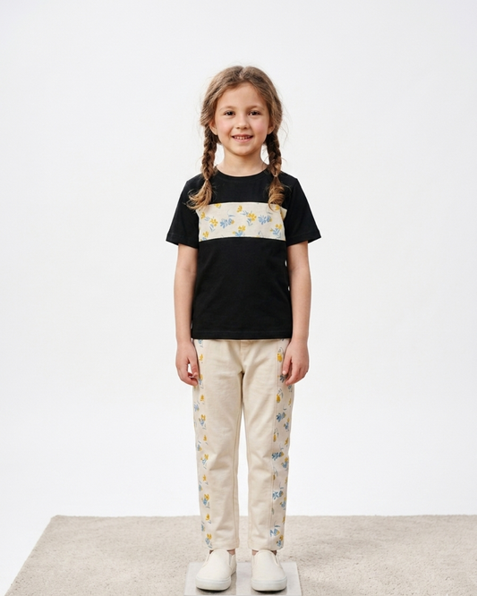 Girls' Sweet Blossom Two-Piece Set – Black & Cream Casual Outfit