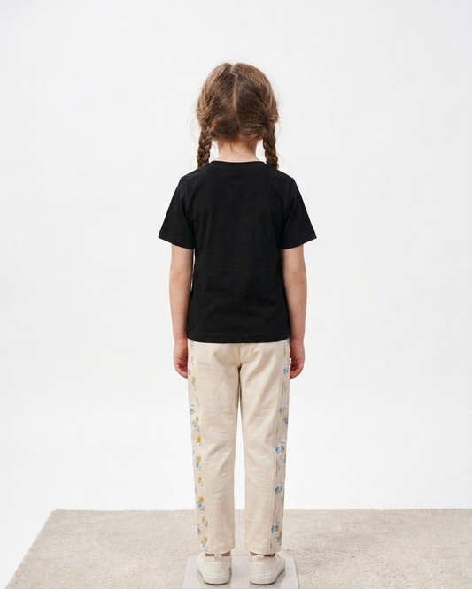 Girls' Sweet Blossom Two-Piece Set – Black & Cream Casual Outfit
