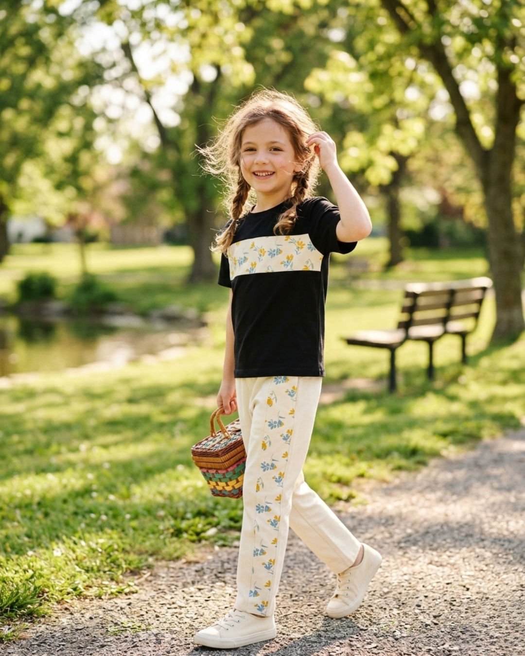 Girls' Sweet Blossom Two-Piece Set – Black & Cream Casual Outfit