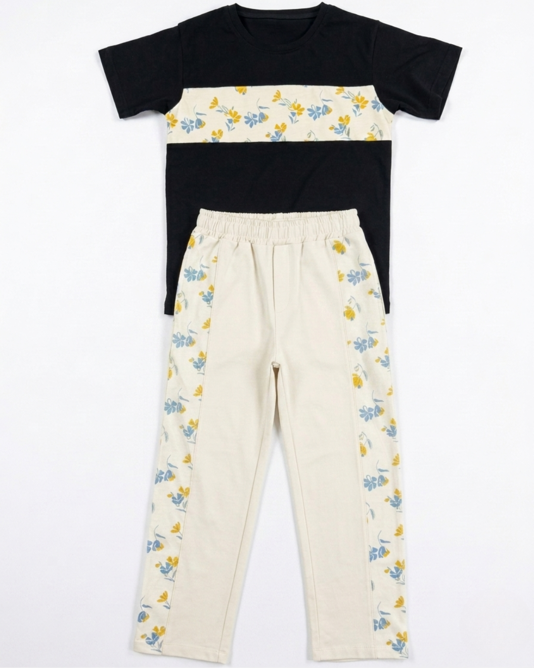 Girls' Sweet Blossom Two-Piece Set – Black & Cream Casual Outfit