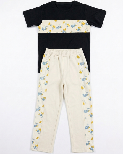 Girls' Sweet Blossom Two-Piece Set – Black & Cream Casual Outfit